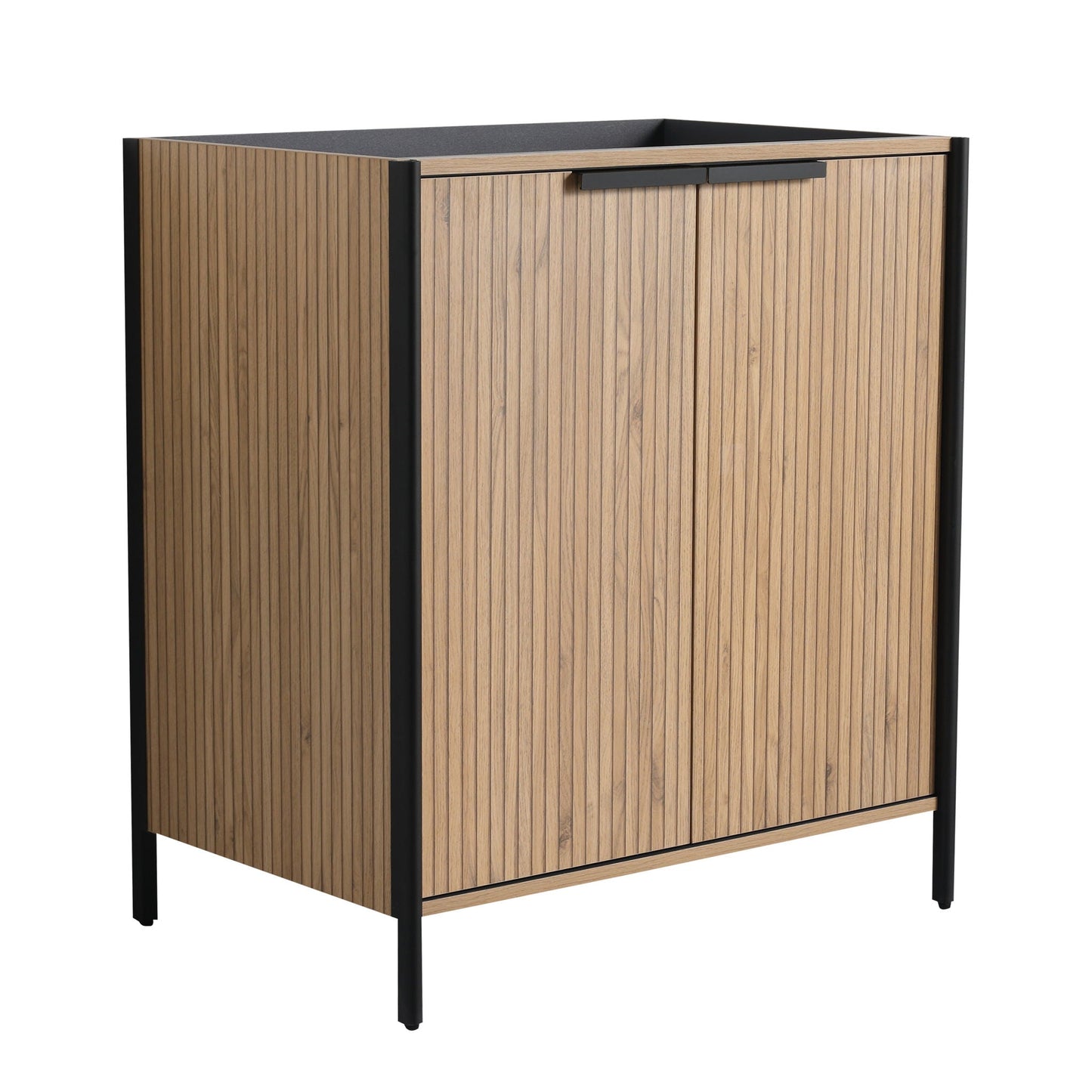 Freestanding bathroom vanity by HouseOfZazla with vertical wood slats and black frame on Tampa Home & Garden Store