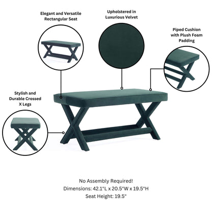 Accent bench with teal velvet piped cushion and solid wood cross X-legs HouseOfZazla on Tampa Home & Garden Store