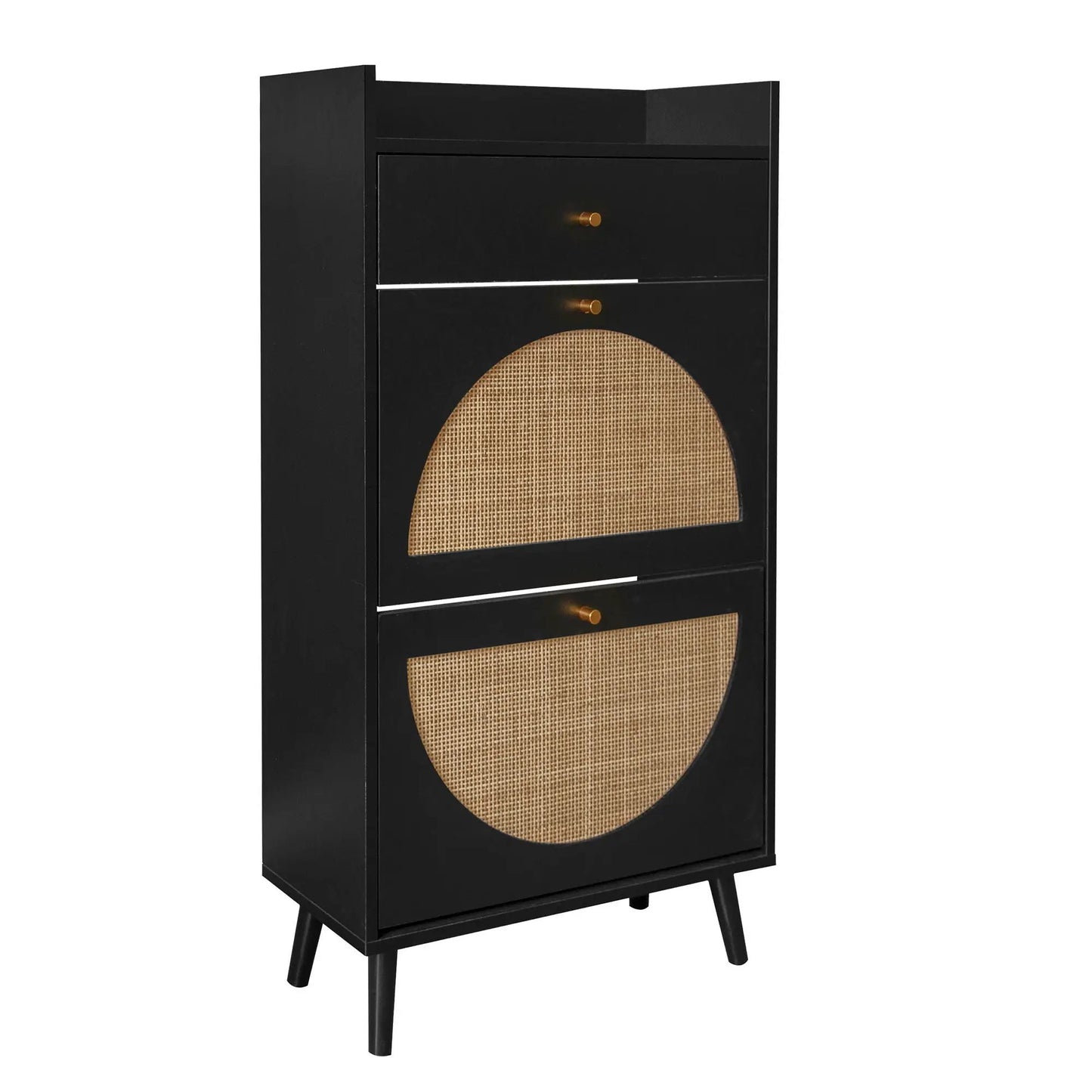 Allen Rattan 2-Door 1-Drawer shoe cabinet in black with copper knobs and woven rattan panel on Tampa Home & Garden Store