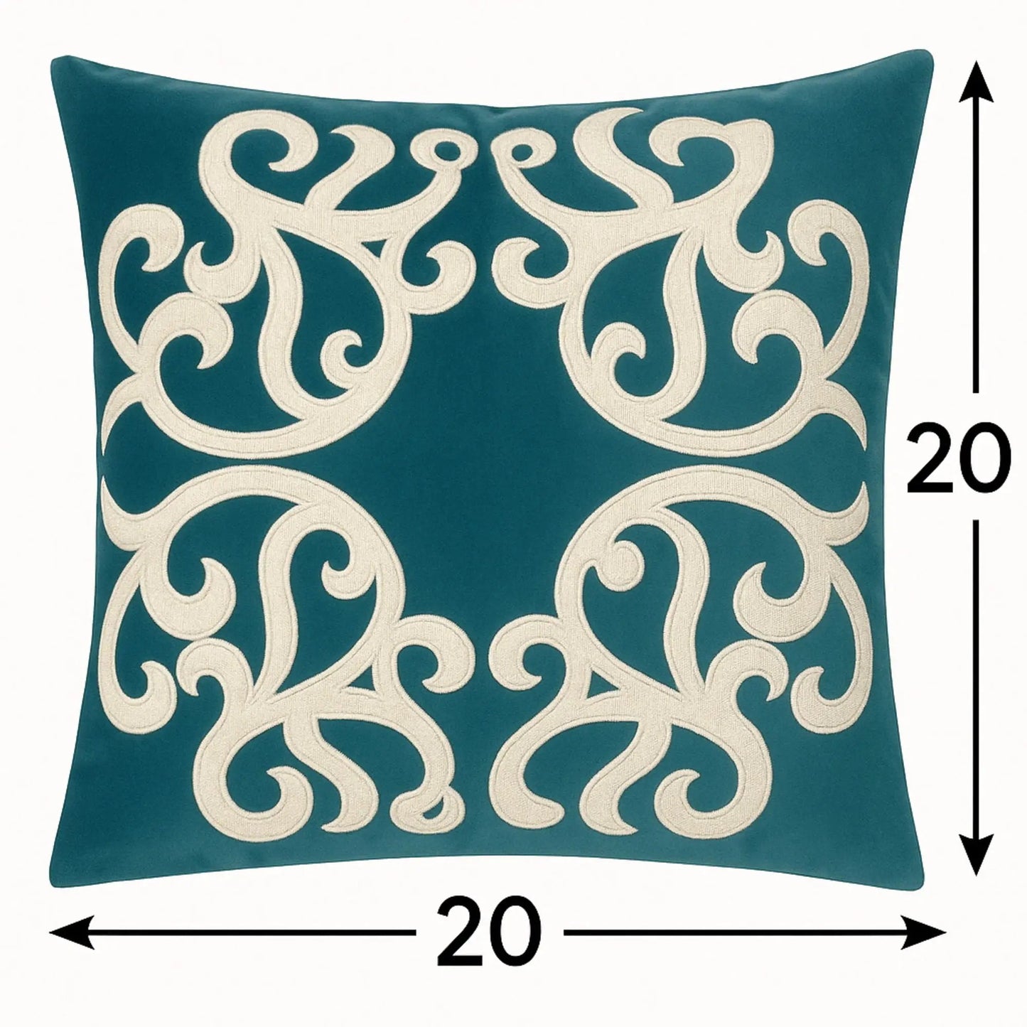 Dora pillow cover by Unique Piece Furniture, teal with ivory embroidery scroll motif, 20x20 on Tampa Home & Garden Store