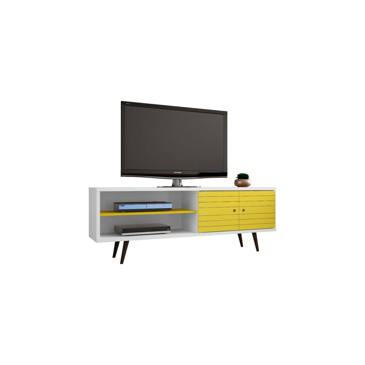 Liberty TV Stand white body with yellow cabinet doors, open shelf, solid wood splayed legs on Tampa Home & Garden Store