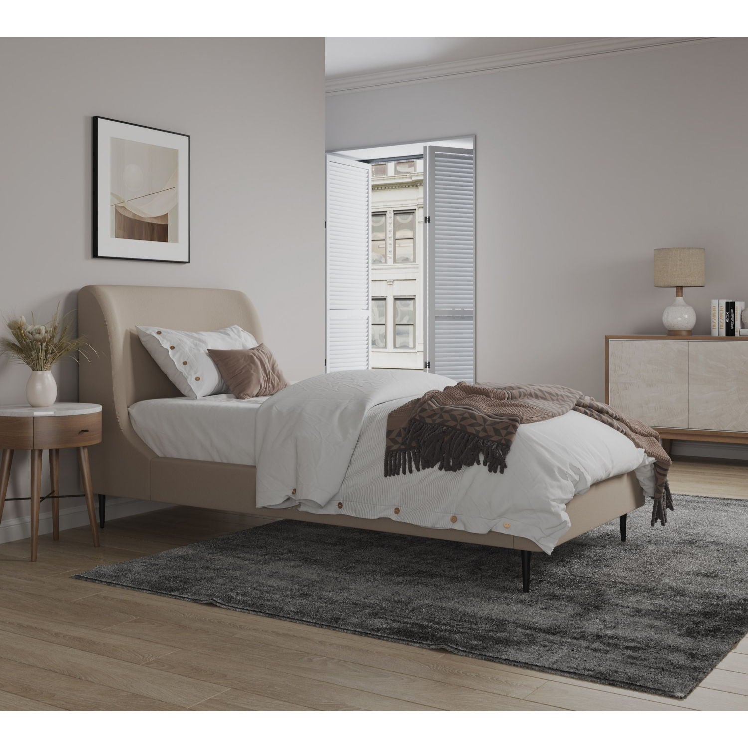 Heather upholstered bed with curved beige headboard and white bedding by HouseOfZazla on Tampa Home & Garden Store