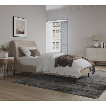 Heather upholstered bed with curved beige headboard and white bedding by HouseOfZazla on Tampa Home & Garden Store