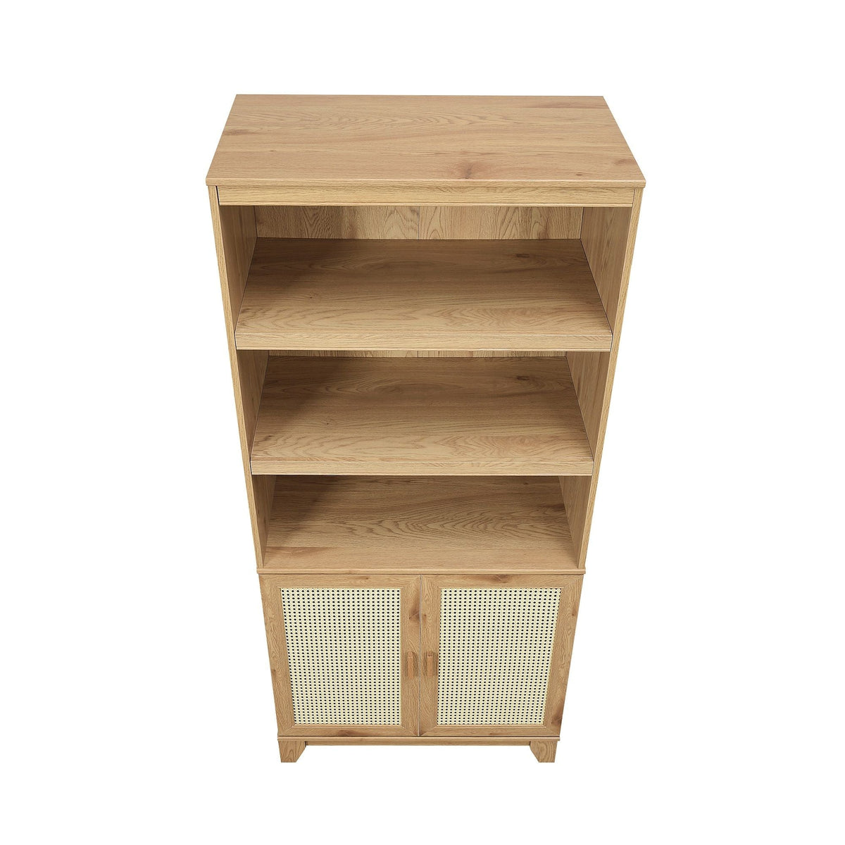 Sheridan bookcase cabinet with cane panel doors, 7-shelf storage, light brown on Tampa Home & Garden Store