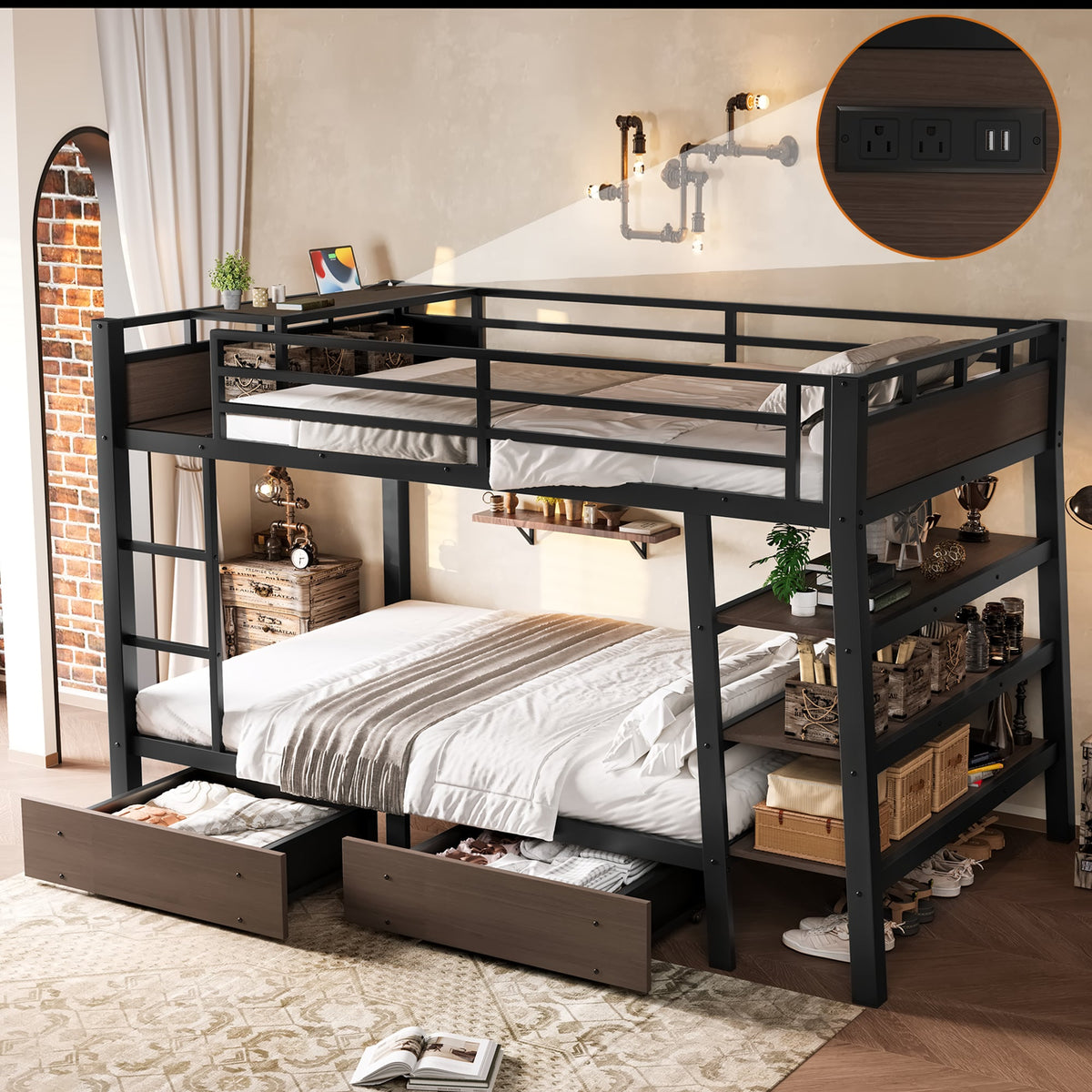 Full-size metal bunk bed by HouseOfZazla in black with USB power strip and storage drawers on Tampa Home & Garden Store