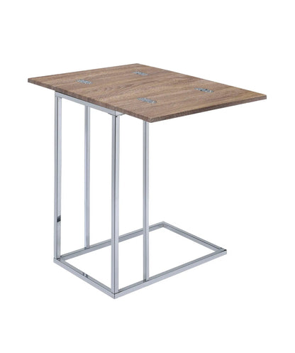 Danson Weathered Oak Accent Table with rectangular oak top and chrome legs on Tampa Home & Garden Store