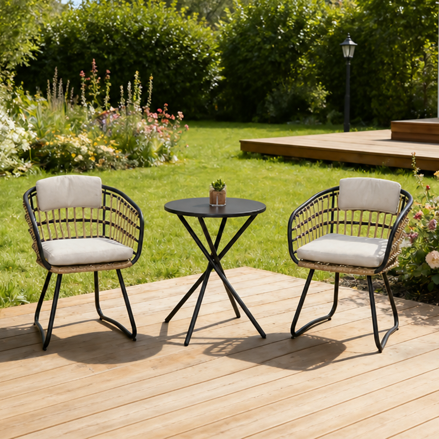 3-Piece Outdoor Wicker Bistro Set by HouseOfZazla with beige cushions on a wooden deck on Tampa Home & Garden Store