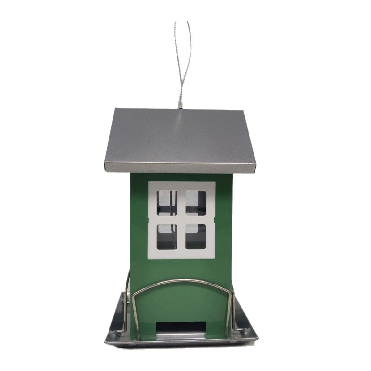 Feeder bird cage green metal house with silver roof and white window panes Sell My Stuff on Tampa Home & Garden Store