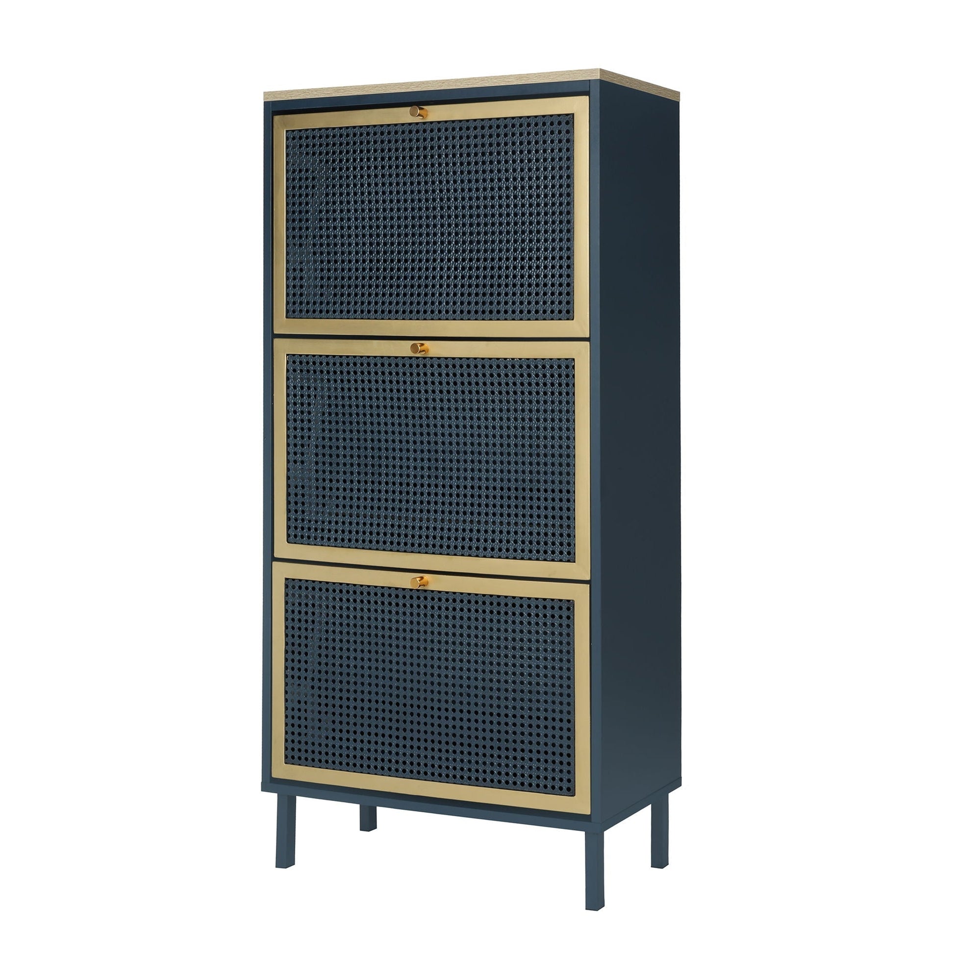 Modern Rattan 3-Door Shoe Cabinet navy frame with gold trim and rattan by HouseOfZazla on Tampa Home & Garden Store
