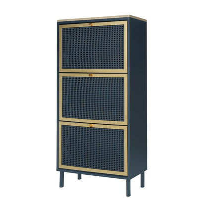Modern Rattan 3-Door Shoe Cabinet navy frame with gold trim and rattan by HouseOfZazla on Tampa Home & Garden Store
