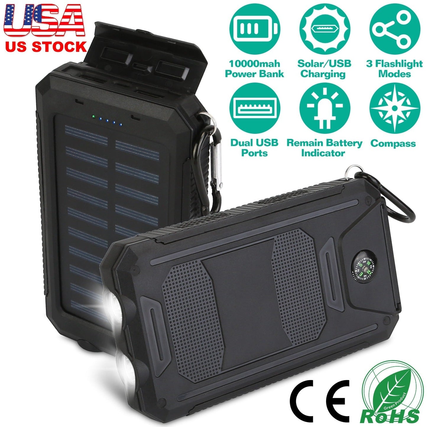 GemGear 10000mAh solar power bank with dual USB ports, LED indicators and compass for camping on Tampa Home & Garden Store