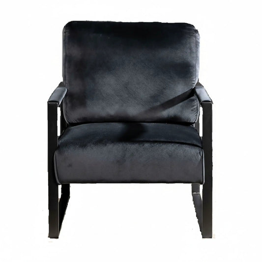 Classic mid-century modern accent arm chair in black leather with square metal frame on Tampa Home & Garden Store