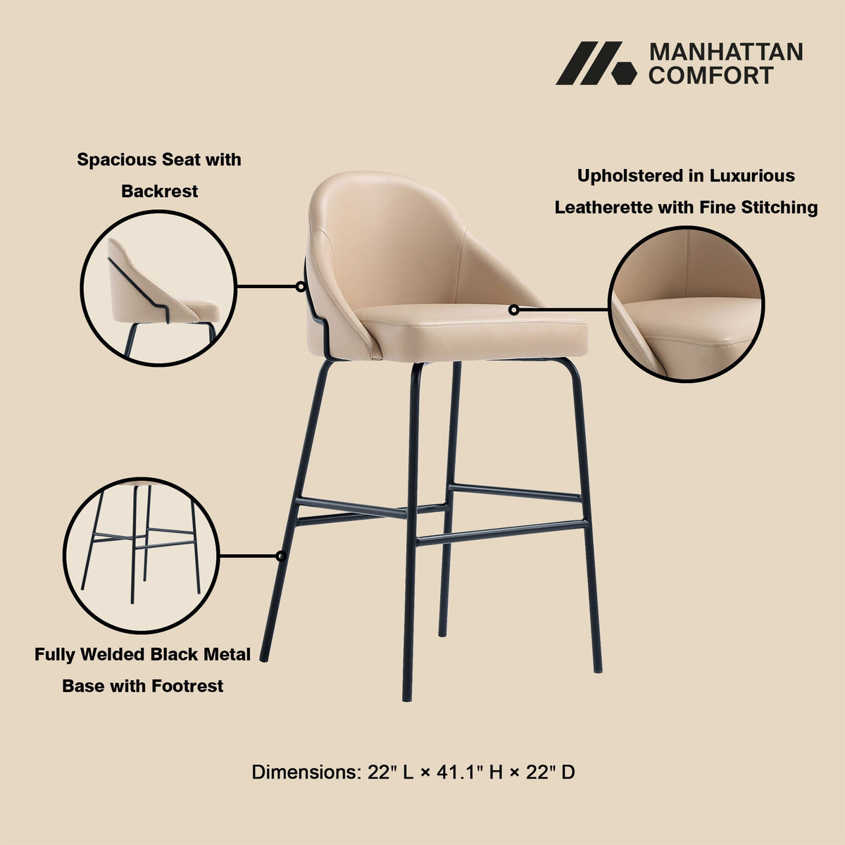 Gracie Upholstered Barstool by HouseOfZazla, beige leatherette seat with black metal base on Tampa Home & Garden Store