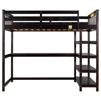 Loft bed with storage shelves and under-bed desk in dark wood by HouseOfZazla, 1 unit on Tampa Home & Garden Store