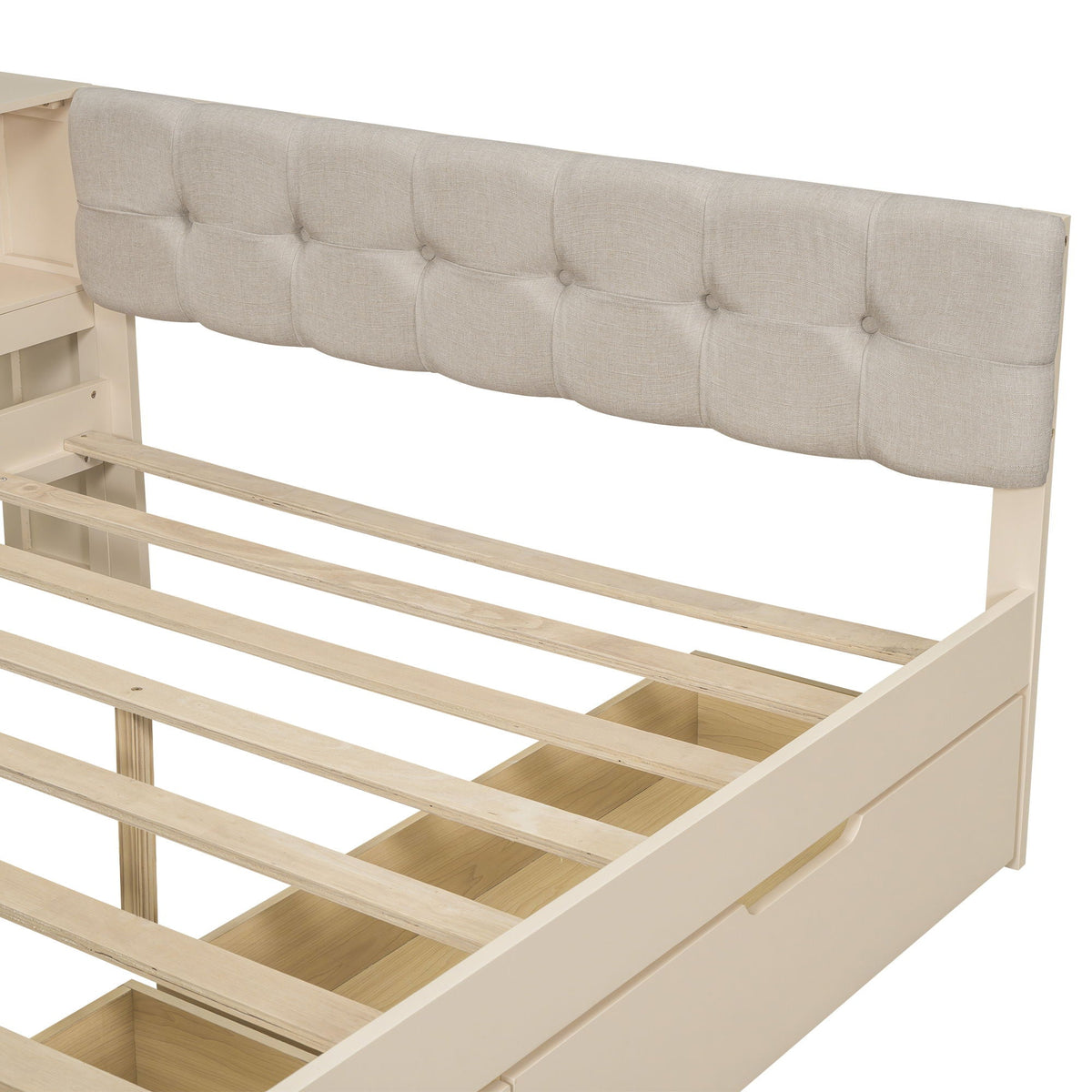 Upholstered headboard platform bed with beige fabric and storage drawers by HouseOfZazla on Tampa Home & Garden Store