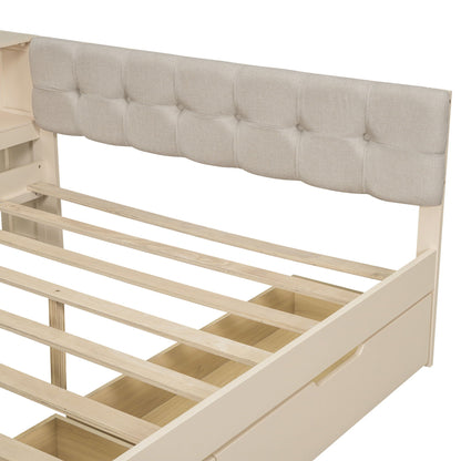 Upholstered headboard platform bed with beige fabric and storage drawers by HouseOfZazla on Tampa Home & Garden Store