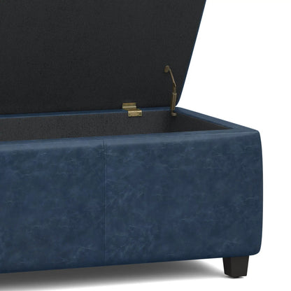 Avalon storage ottoman bench blue textured upholstery with brass hinge and black interior on Tampa Home & Garden Store