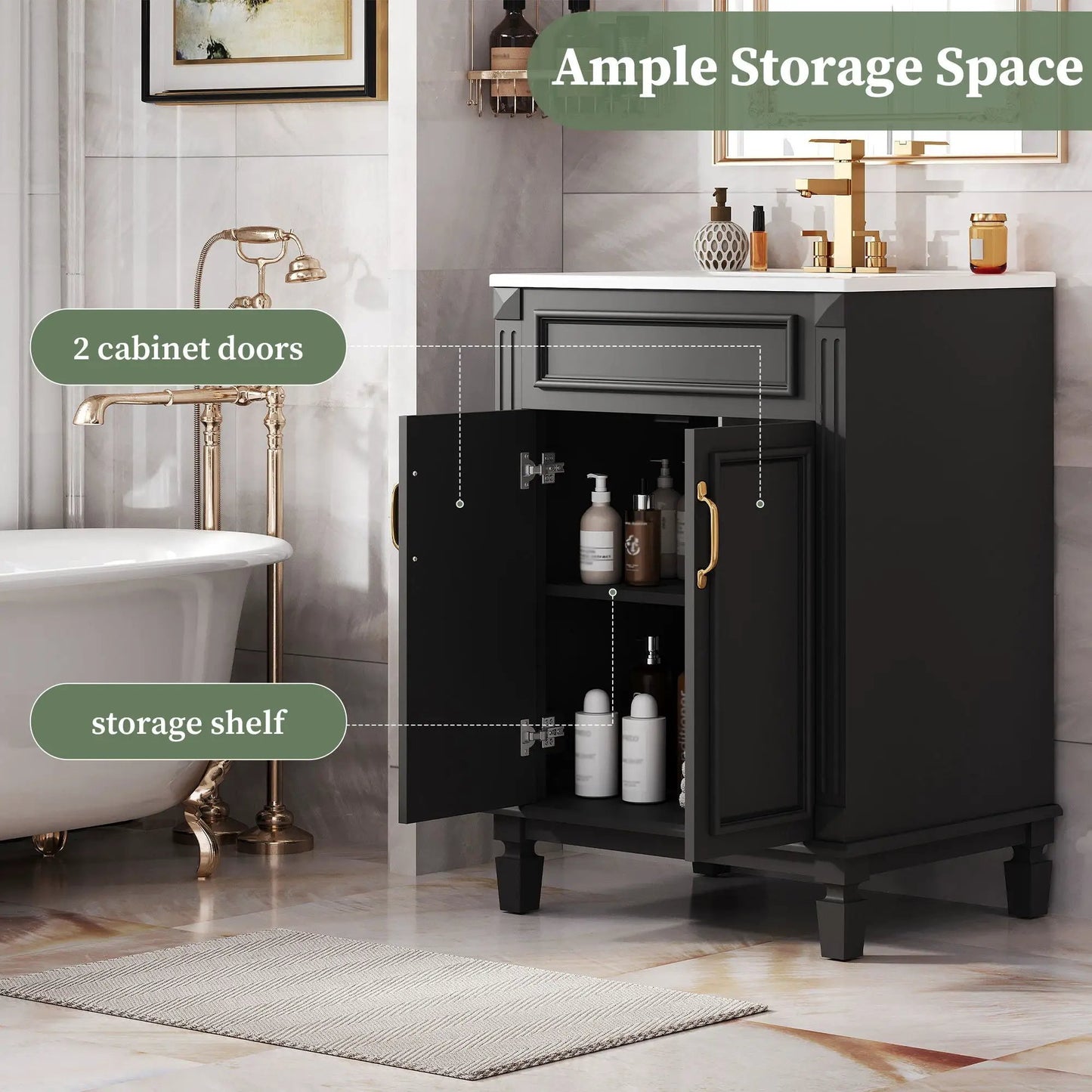 Bathroom vanity with sink in gray cabinet, 2 soft closing doors and open shelf with gold faucet on Tampa Home & Garden Store