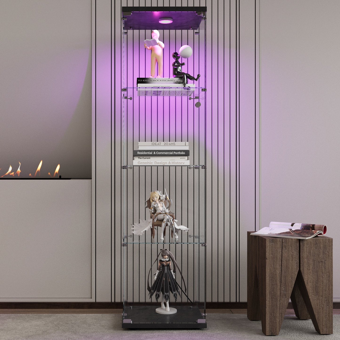 4 LED light glass display cabinets with door shelves, floor standing antique bookshelf, 64.7 "* 16.7" * 14.3 ", black - Tampa Home & Garden Store