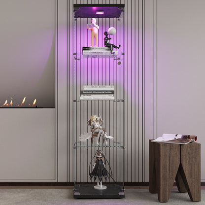 4 LED light glass display cabinets with door shelves, floor standing antique bookshelf, 64.7 "* 16.7" * 14.3 ", black - Tampa Home & Garden Store