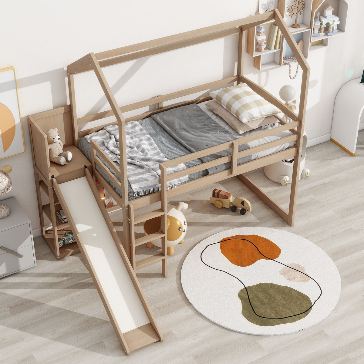 Loft bed with slide, climbing ramp and storage shelves in natural wood by HouseOfZazla on Tampa Home & Garden Store
