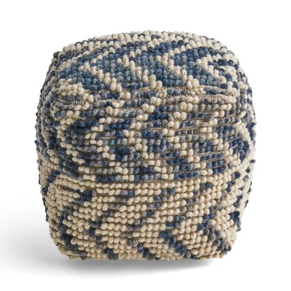 Alina Wool and Cotton Pouf Natural blue and cream striped chunky-knit ottoman on Tampa Home & Garden Store