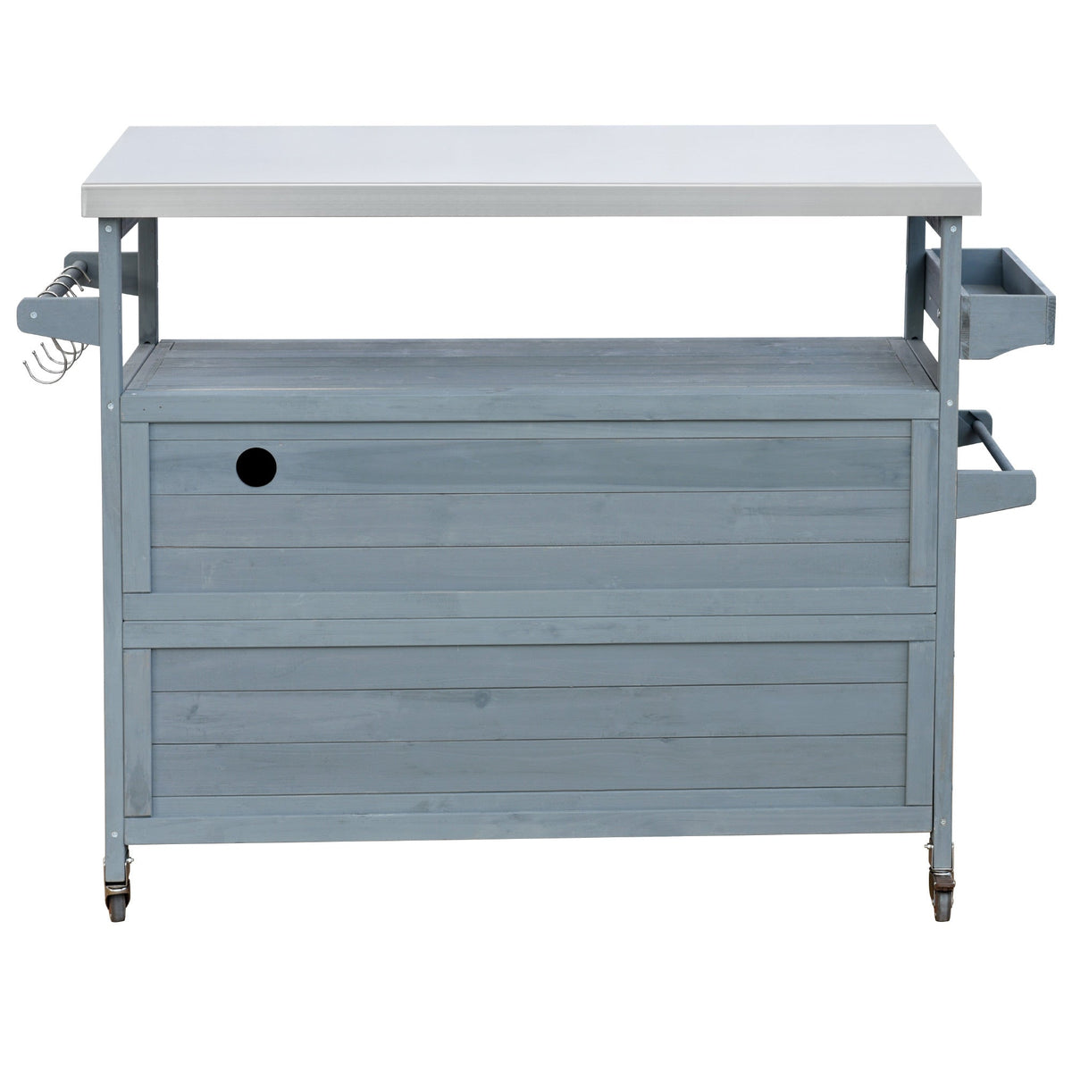 K&K Outdoor Kitchen Island with rolling cart and storage in blue-gray wood with metal top on Tampa Home & Garden Store