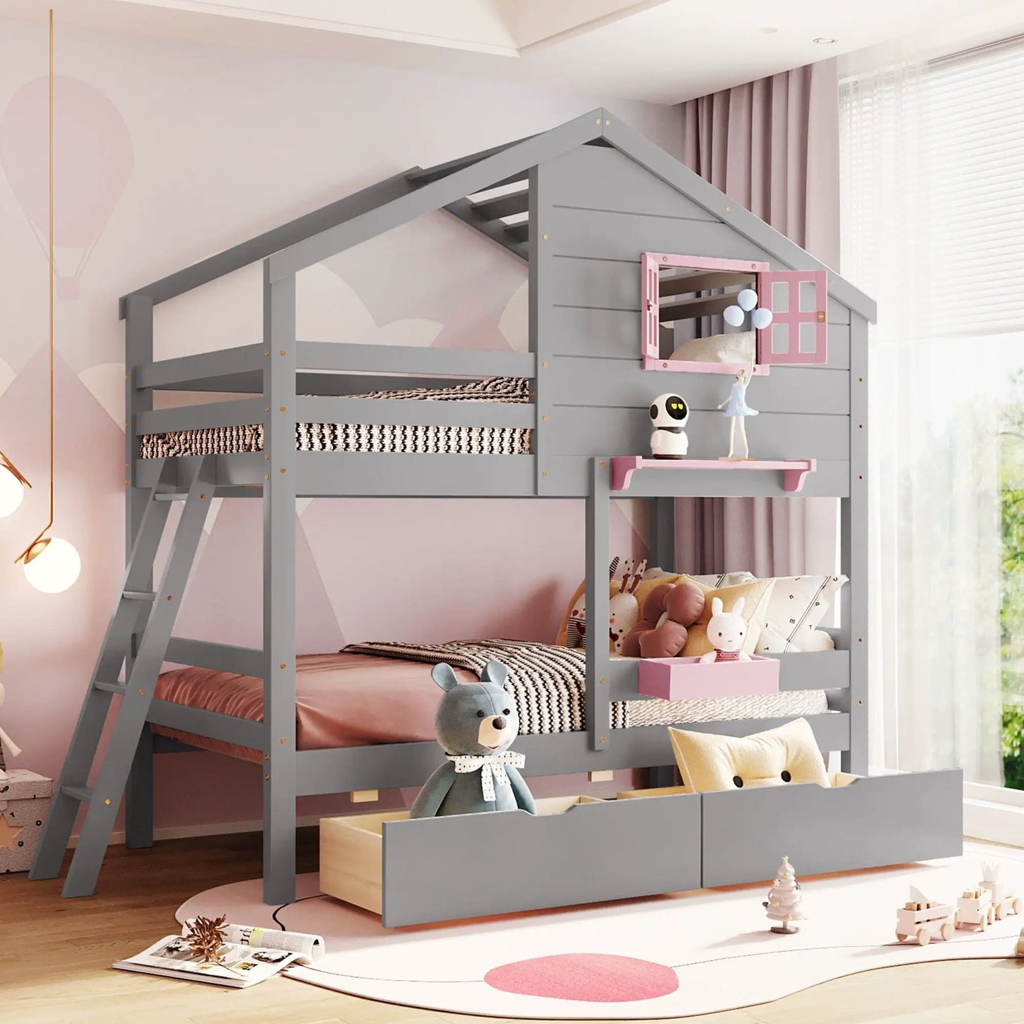 Gray bunk bed with a playhouse roof and pink windowed door, by Unique Piece Furniture on Tampa Home & Garden Store