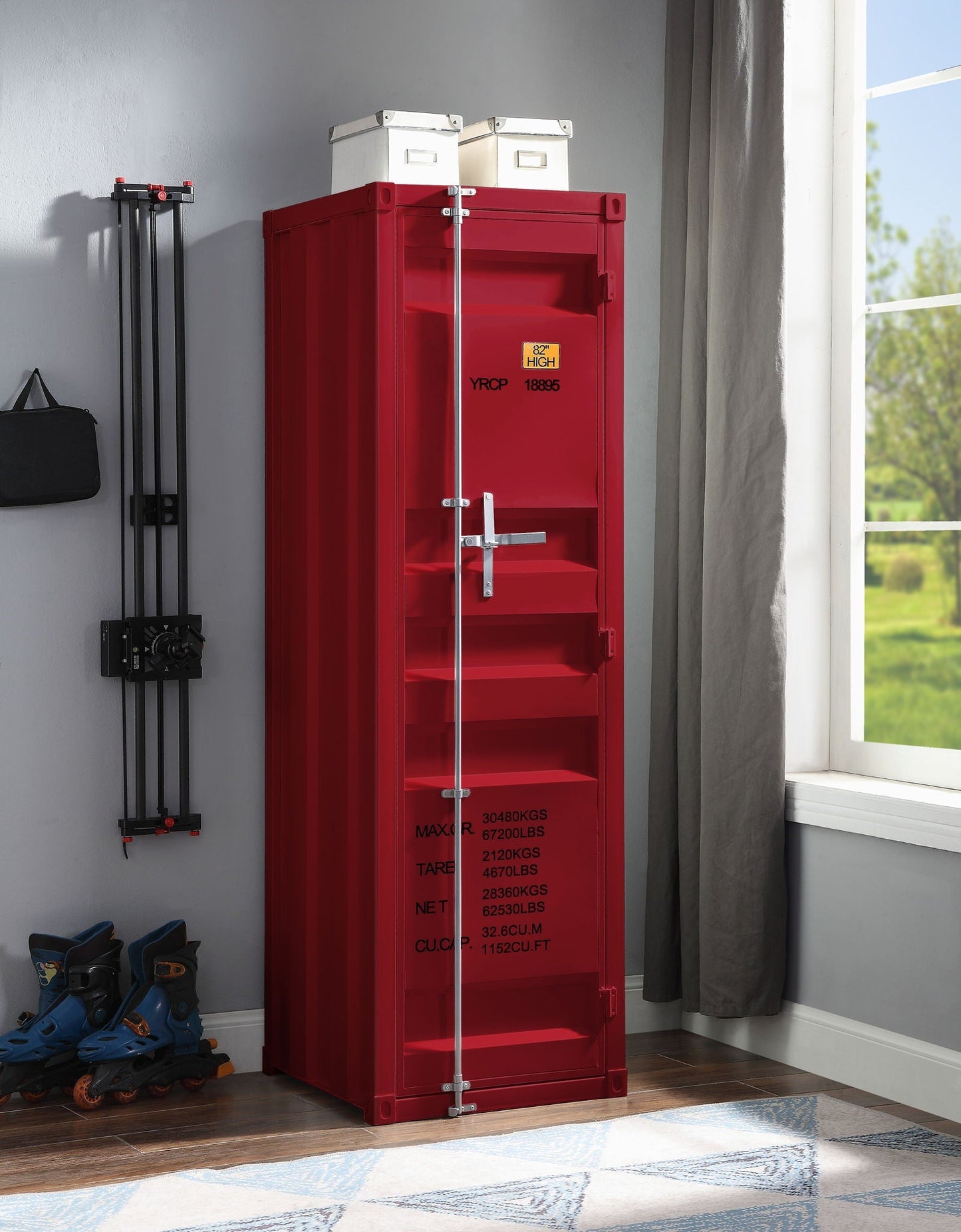 Red cargo wardrobe, triple wardrobe by HouseOfZazla, with metal latch and 82in high label on Tampa Home & Garden Store