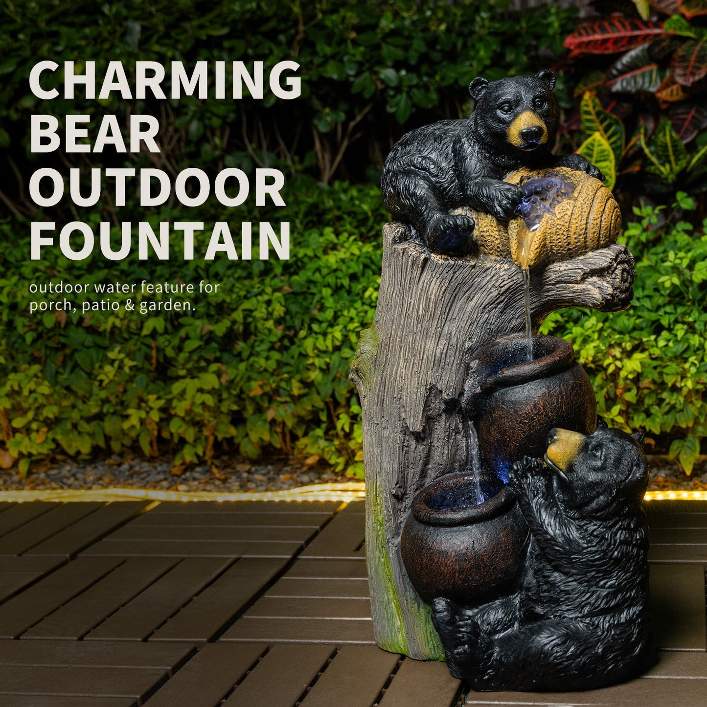 Bear outdoor water fountain by HouseOfZazla, LED-lit resin bear statue with flowing water on Tampa Home & Garden Store
