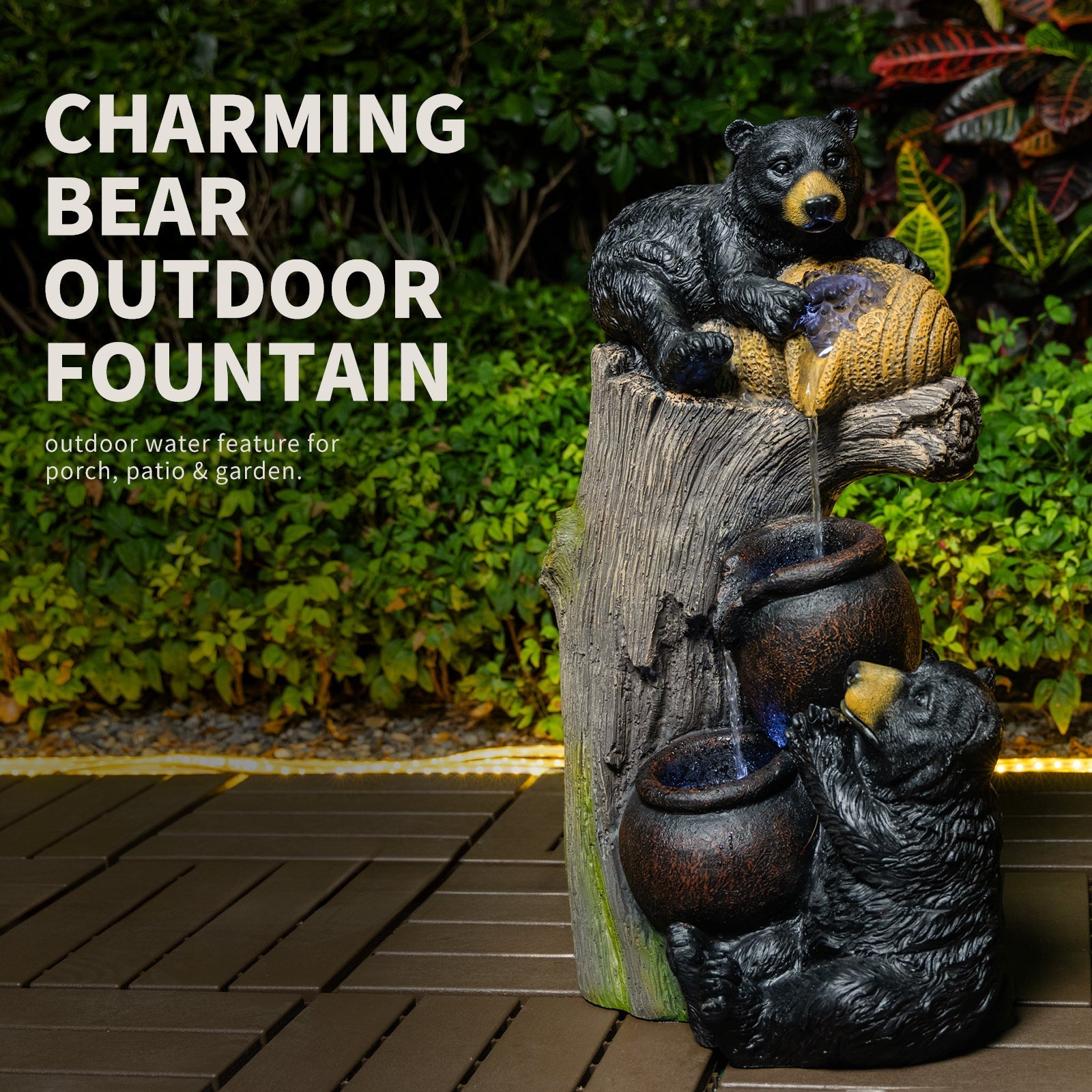 Bear outdoor water fountain by HouseOfZazla, LED-lit resin bear statue with flowing water on Tampa Home & Garden Store