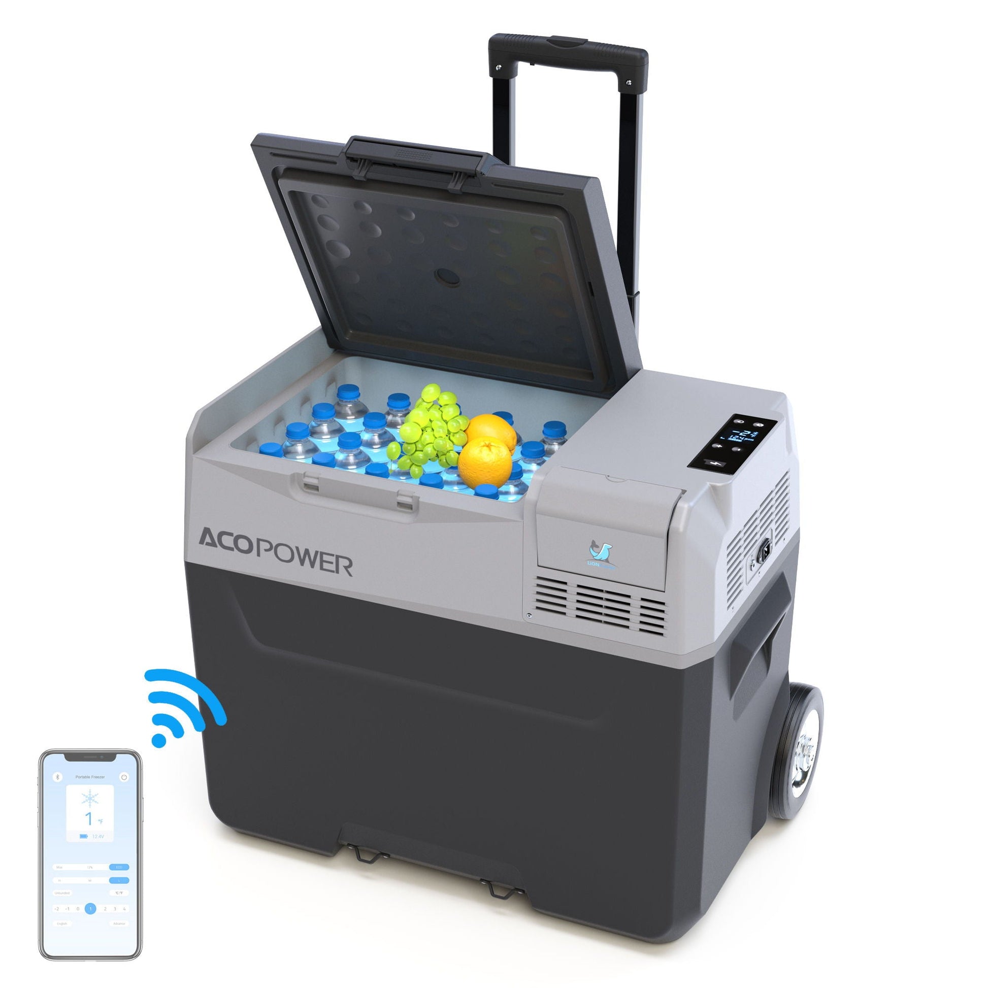 ACOPOWER portable car freezer with app control, 6in off-road wheels, lid with drinks and fruit on Tampa Home & Garden Store