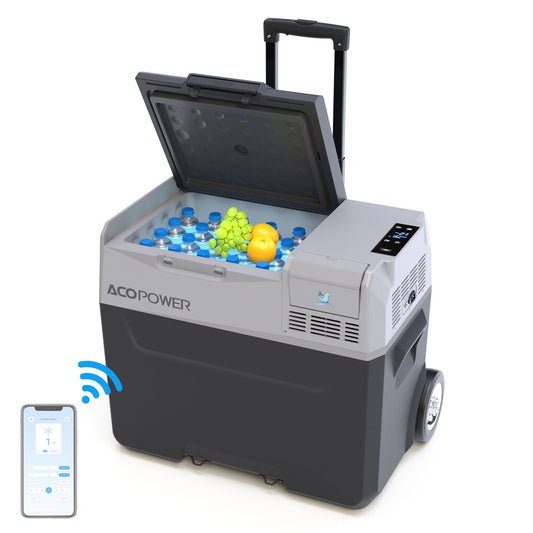 ACOPOWER portable car freezer with app control, 6in off-road wheels, lid with drinks and fruit on Tampa Home & Garden Store