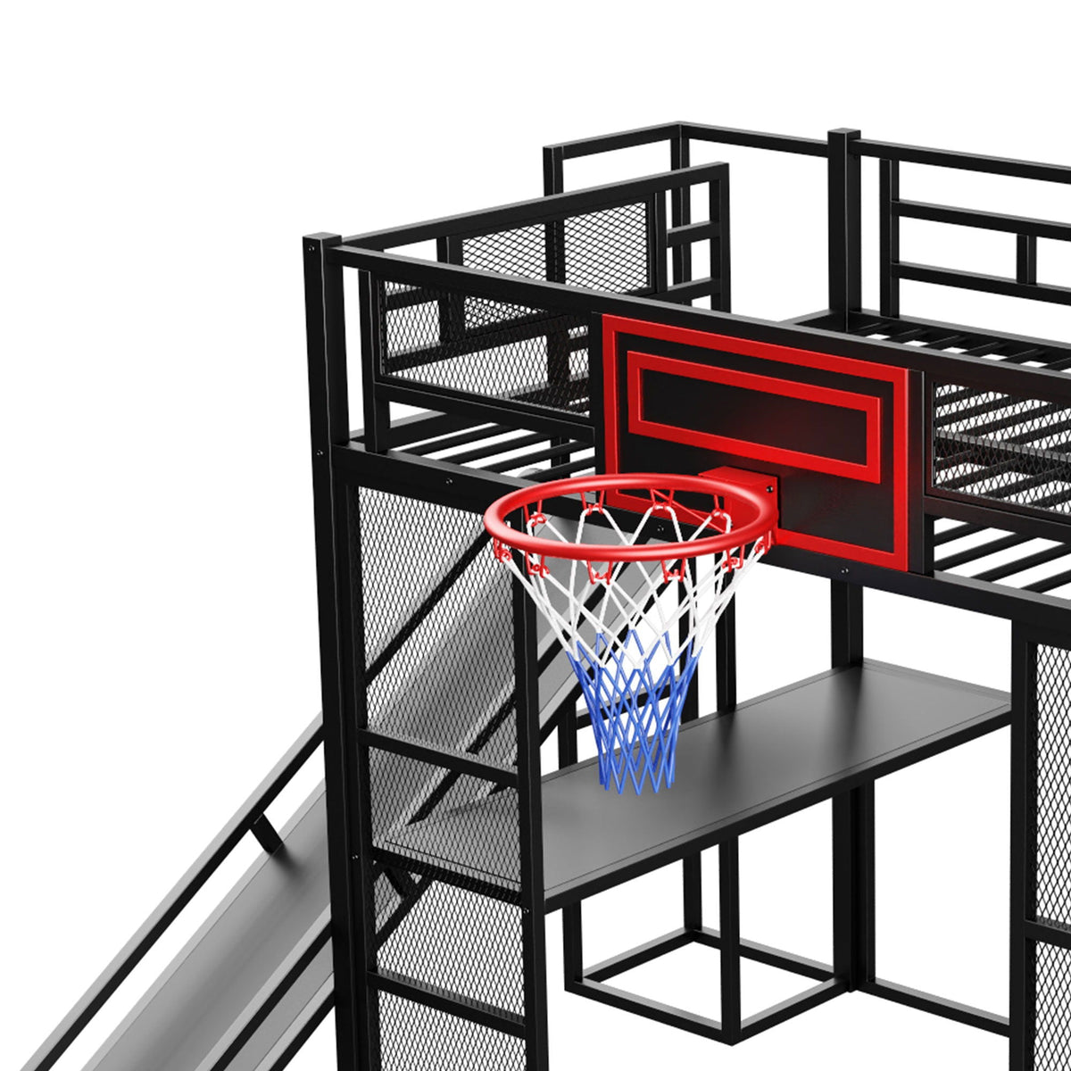 Loft bed with built-in desk and basketball hoop, black metal frame with red accents on Tampa Home & Garden Store