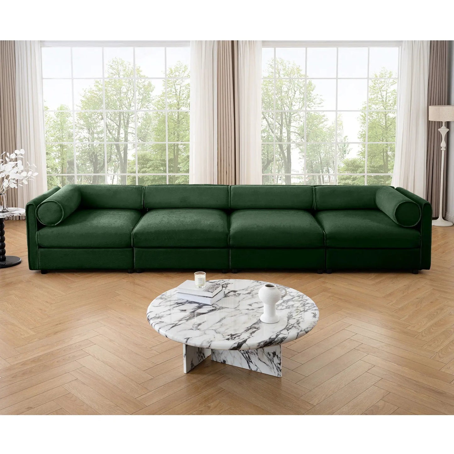 Stylish sofa with storage seat and cylindrical backrest, green velvet stationary sofa on Tampa Home & Garden Store