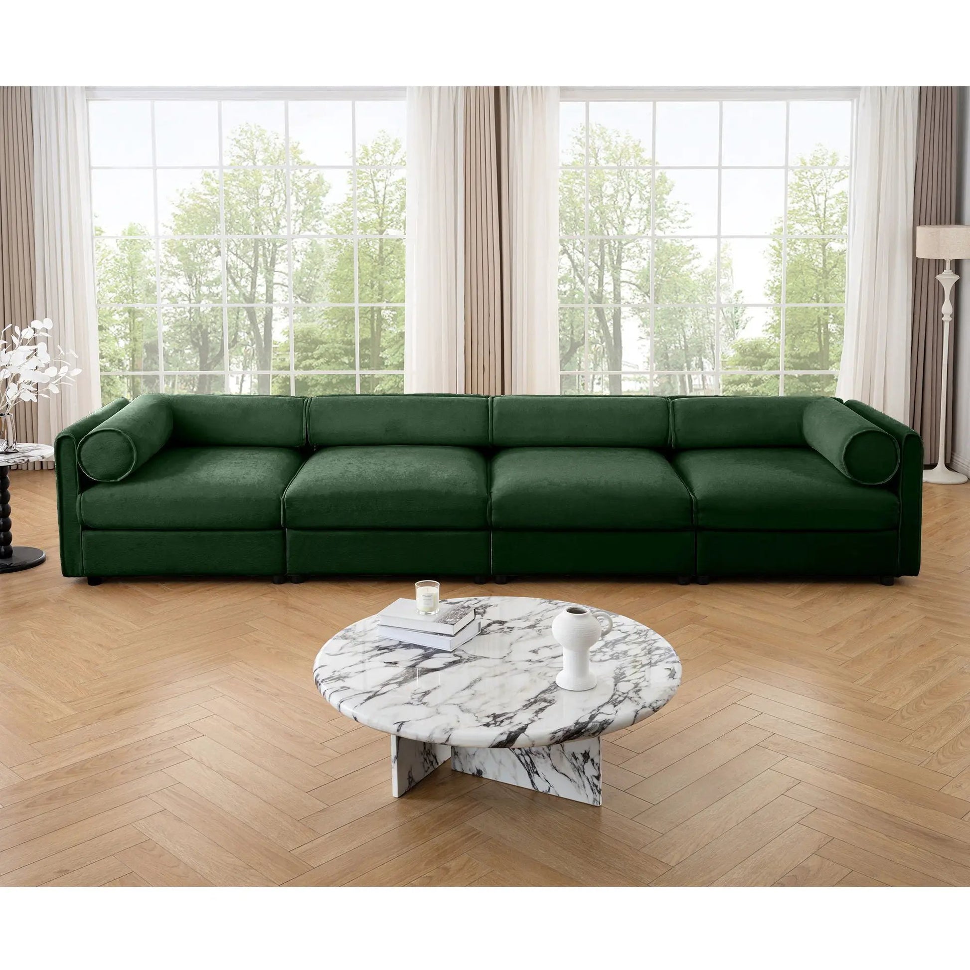 Stylish sofa with storage seat and cylindrical backrest, green velvet stationary sofa on Tampa Home & Garden Store