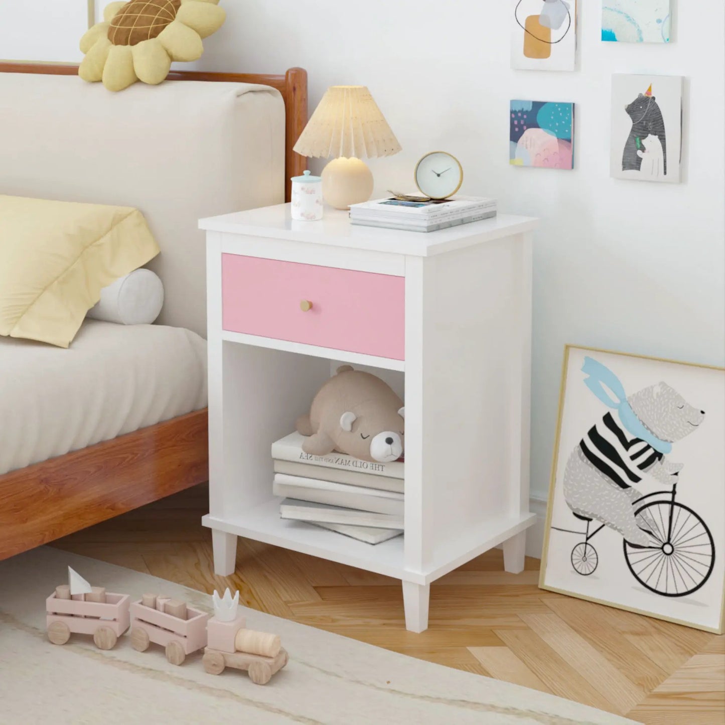 Nightstand with 1 drawer 1 shelf white body pink front on Tampa Home & Garden Store
