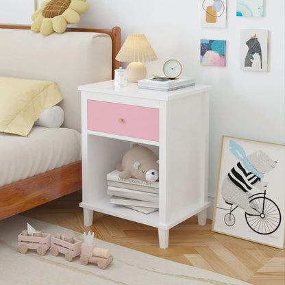 Nightstand with 1 drawer 1 shelf white body pink front on Tampa Home & Garden Store