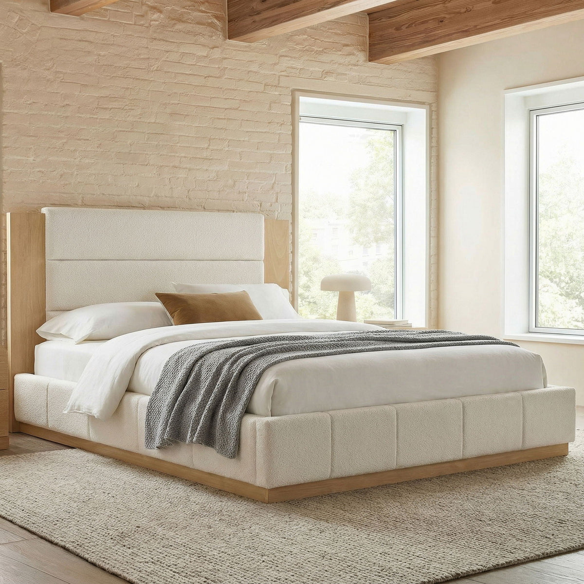 Modern upholstered platform bed with extended headboard in cream fabric, wood base HouseOfZazla on Tampa Home & Garden Store
