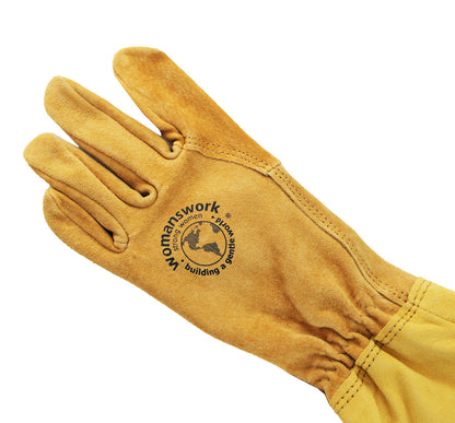 All Leather Gauntlet Glove for gardening, tan leather with Womanswork logo, arm saver on Tampa Home & Garden Store