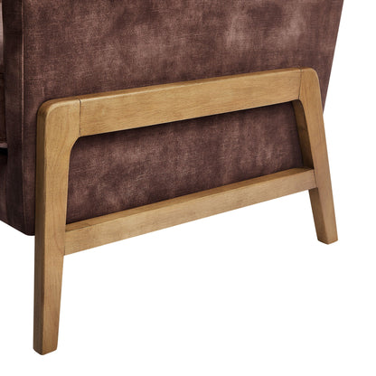 Tufted back accent arm chair with dark brown commercial-grade upholstery and light oak frame on Tampa Home & Garden Store