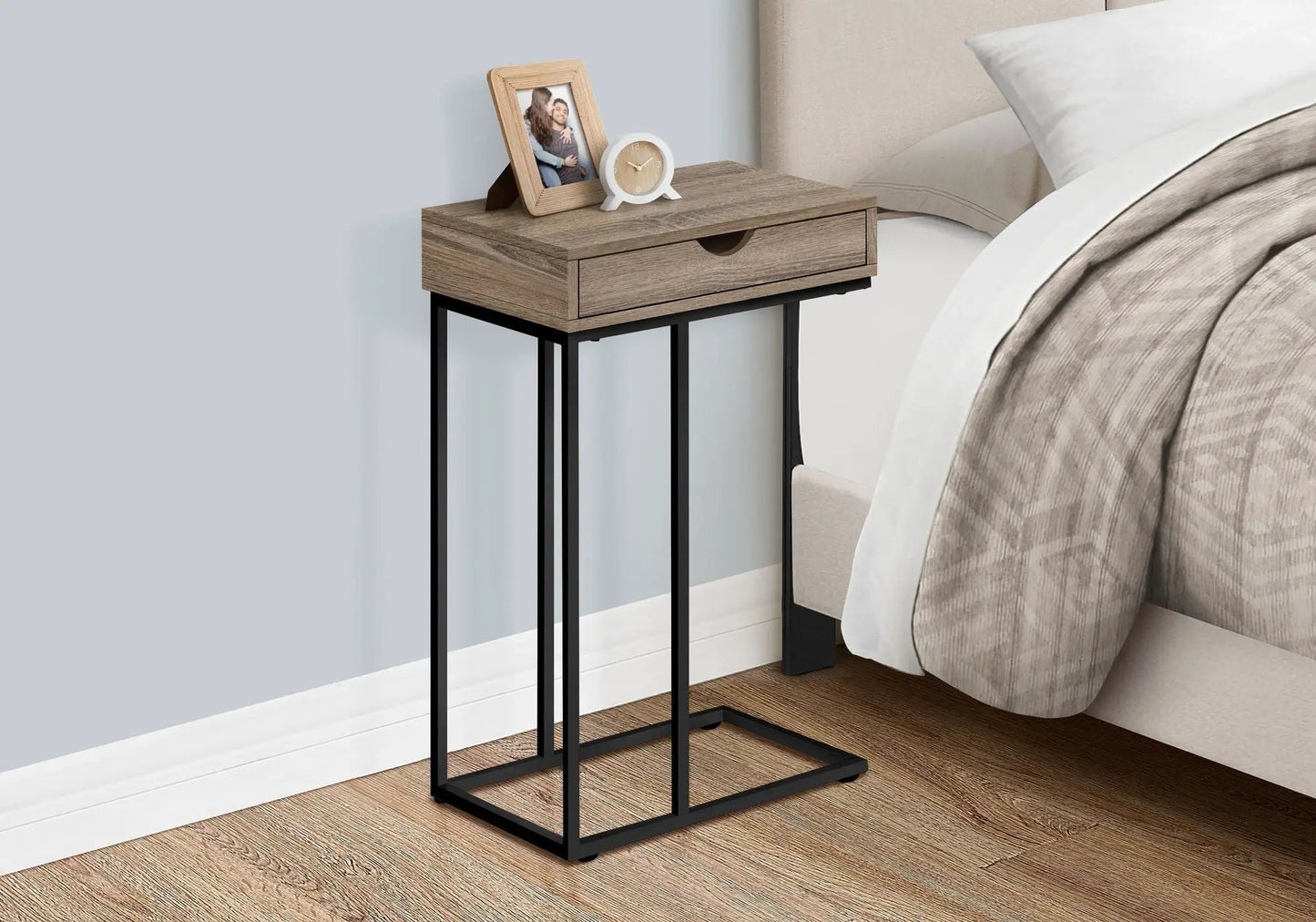 C-shaped accent table with wood veneer top and drawer, black metal frame Unique Piece Furniture on Tampa Home & Garden Store