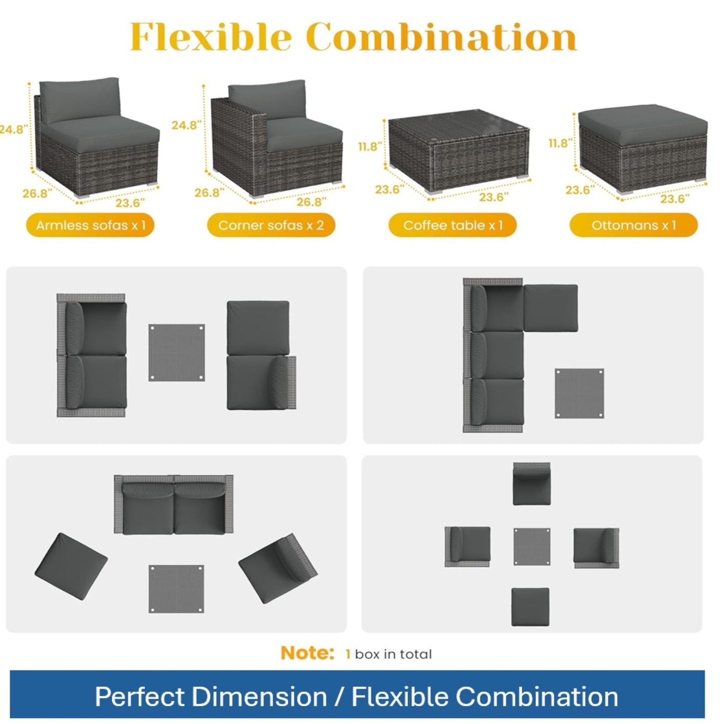 Modern patio modular seating set with dark gray cushions on brown wicker; corner sofas, coffee table on Tampa Home & Garden Store