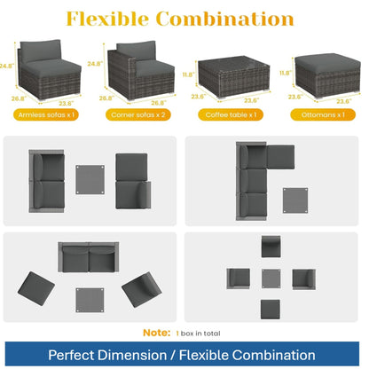 Modern patio modular seating set with dark gray cushions on brown wicker; corner sofas, coffee table on Tampa Home & Garden Store