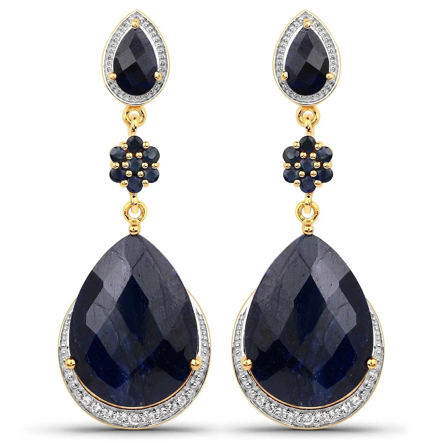Earrings: gold-tone drop with dark blue pear sapphires, pave halo, blue sapphire flower cluster on Tampa Home & Garden Store