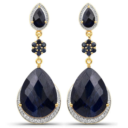 Earrings: gold-tone drop with dark blue pear sapphires, pave halo, blue sapphire flower cluster on Tampa Home & Garden Store