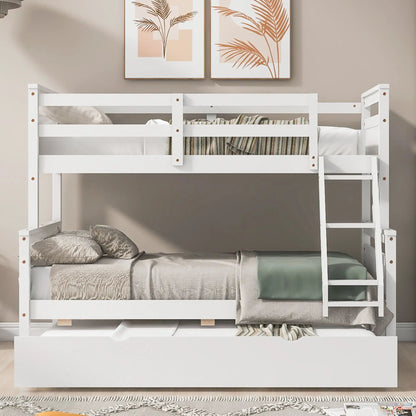 White bunk bed by Unique Piece Furniture with ladder and safety guardrail, gray bedding on bunk on Tampa Home & Garden Store