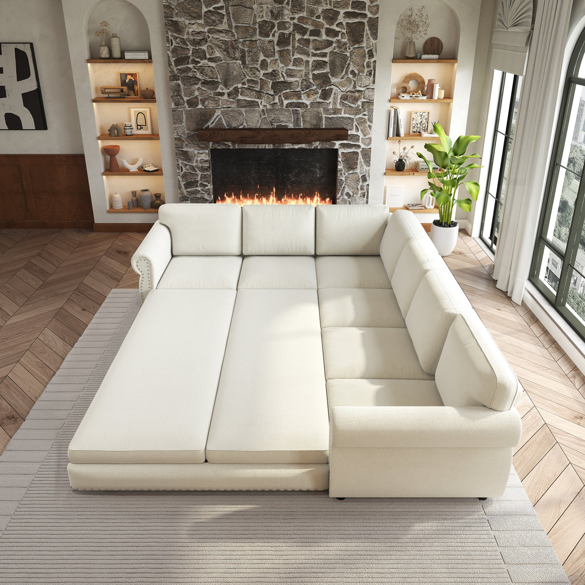 118in L-Shaped Convertible Sofa Bed cream upholstery by HouseOfZazla living room with fireplace on Tampa Home & Garden Store