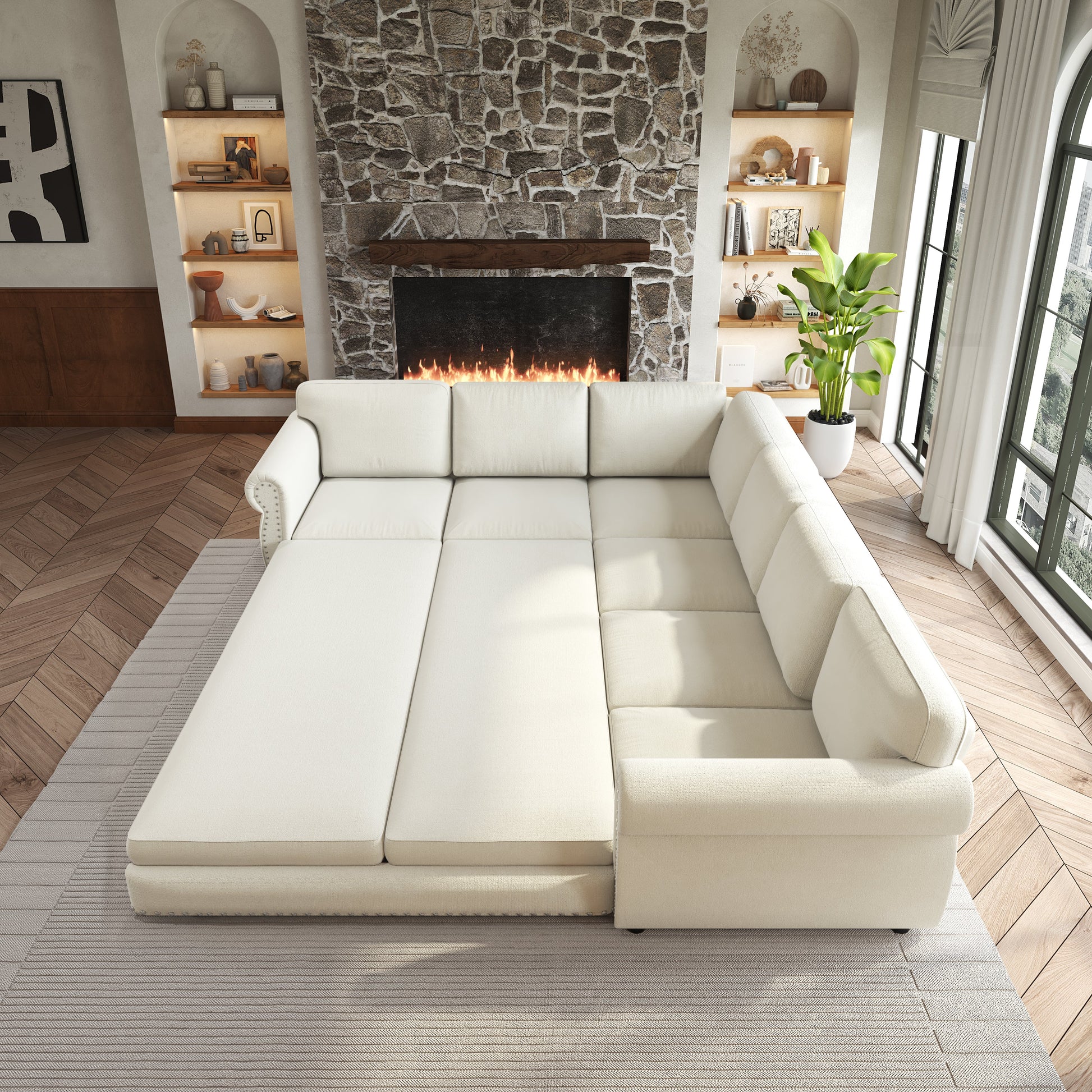 118in L-Shaped Convertible Sofa Bed cream upholstery by HouseOfZazla living room with fireplace on Tampa Home & Garden Store