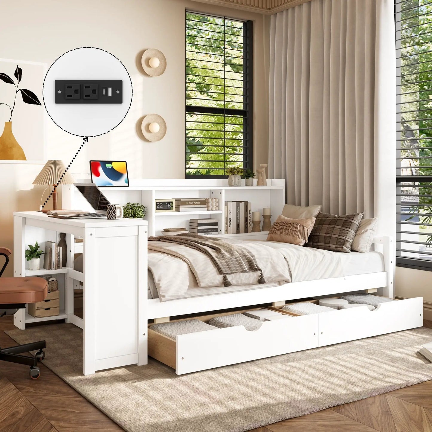 Corner Daybed With Storage Drawers and Bookcase
